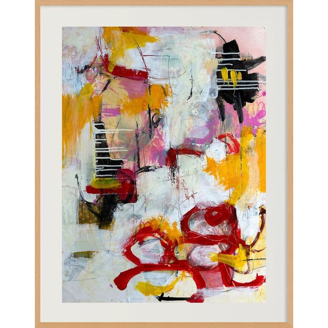 Gestural swirls of red, golden yellow and pink dance across a pale, chalky ground, with black marks and striped details...