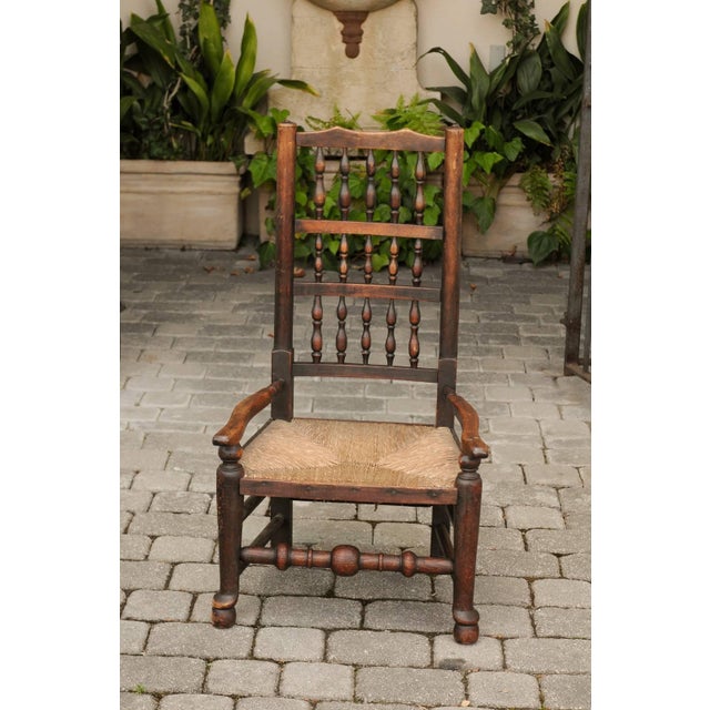 English 1780s Oak William and Mary Style Open Arm Youth Chair with Rush Seat For Sale - Image 9 of 11