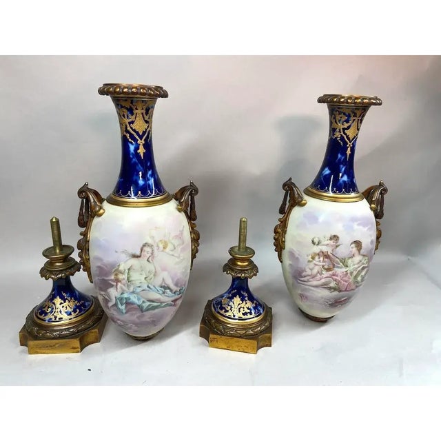 Metal Pair of 19th-Century French Sevres Porcelain Vases With Gilded Bronze Mounts For Sale - Image 7 of 12