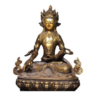 Vintage Gilt Bronze Ksitigarbha Bodhisattva Statue Buddhist Deity 12.2" For Sale