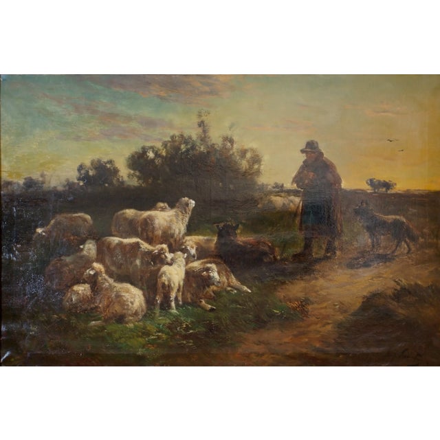 Henry Schouten, Shepherd with a Flock of Sheep, Oil on Canvas, Framed For Sale - Image 3 of 9