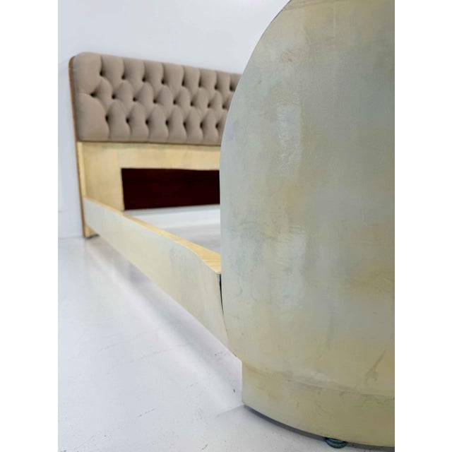 Italian Art Deco Bed in Parchment Leather with Beige Velvet Capitonné, 1940s For Sale - Image 6 of 12