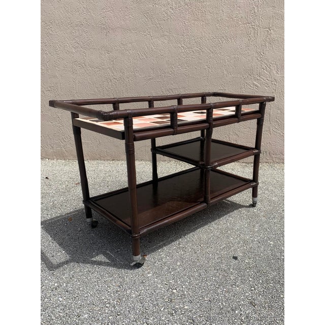 Brown 1950s Brown Lacquer Rattan Bar Cart Attributed to John Wisner for Ficks Reed. For Sale - Image 8 of 13