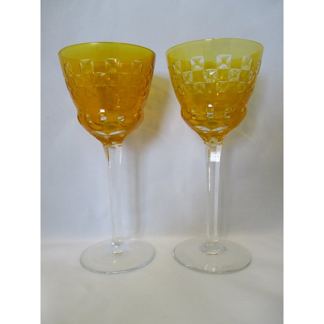 Bohemian Canary Yellow Cased Cut to Clear Vintage Wine Glasses - a Pair For Sale - Image 13 of 13