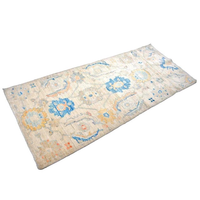 21st Century Turkish Oushak Wool 3x6 Ivory, Yellow & Blue Handmade Runner Rug #1144167 For Sale In Houston - Image 6 of 12