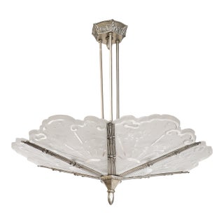 Art Deco Cubist Cloud Motif Molded & Frosted Glass Pendant Signed Muller Freres For Sale