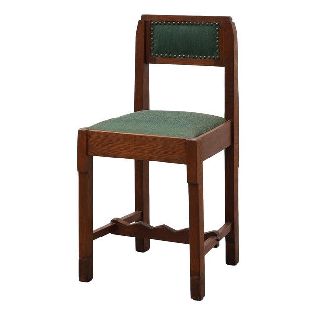 Belgian Modernist Art Deco Oak Side Chair with Green Upholstery, 1920s For Sale