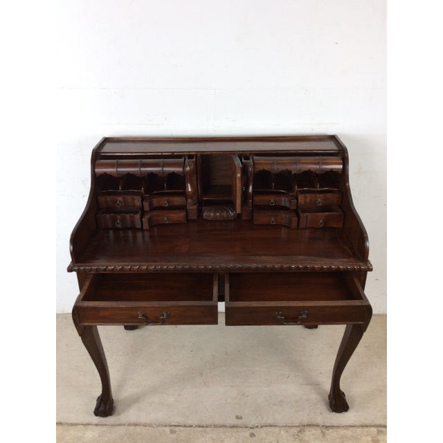 Vintage Walnut Chippendale Style Open Front Writing Desk With Brass Hardware For Sale - Image 16 of 18