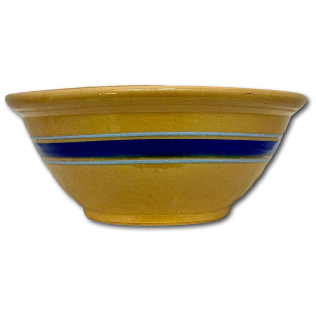 Antique Thick Yellow Ware 12 Inch Kitchen Mixing Bowl With Unusual 2 Color Blue Banded Decoration - Late 1800s. For Sale - Image 15 of 18