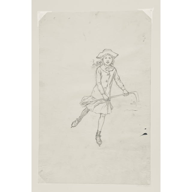Traditional Antique George Tobin Drawing of Girl Playing Ice Hockey For Sale - Image 3 of 4