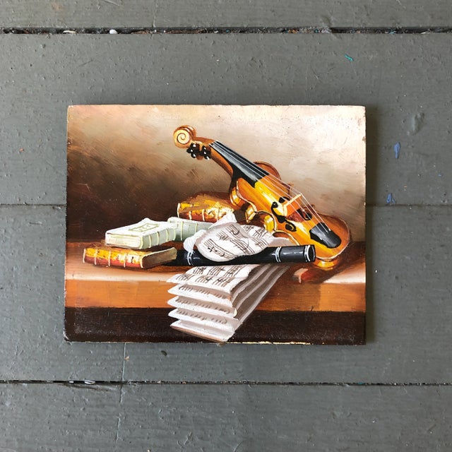 Vintage Original Miniature Still Life Painting Musical Instruments & Sheet Music For Sale - Image 4 of 4