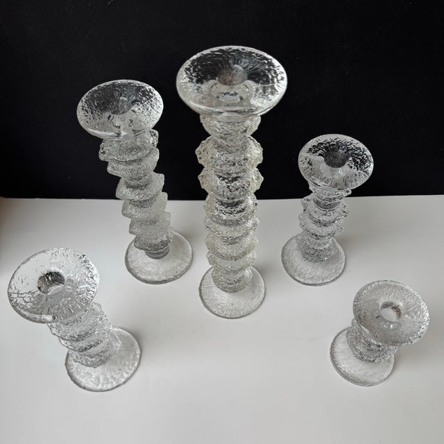 Mid-Century Modern Vintage Textured Festivo Glass Candle Holders by Timo Sarpaneva for Iittala, Set of 5 For Sale - Image 3 of 12