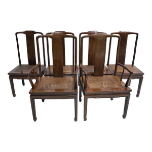 Set of 6 Henredon Hollywood Regency Chinoiserie Mahogany & Cane Dining Chairs, Circa 1970s