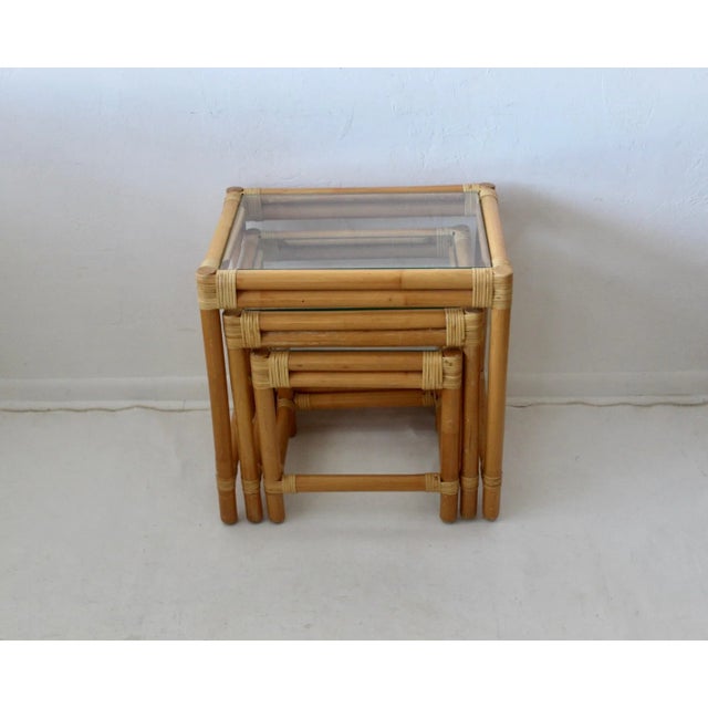 McGuire Style Boho Chic Blonde Bamboo Rattan Glass Nesting Tables - Set of 3 For Sale - Image 10 of 10