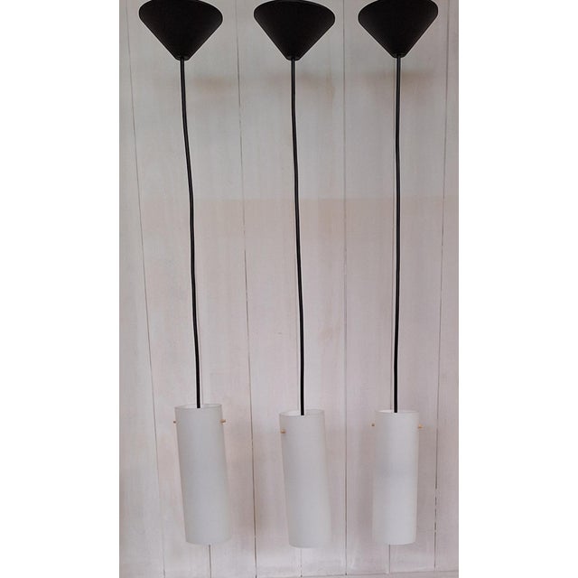 Mid-Century Minimalist Ceiling Lamps with White Opaque Glass Shade, 1960s, Set of 3, in Very Good conditions. Designed...