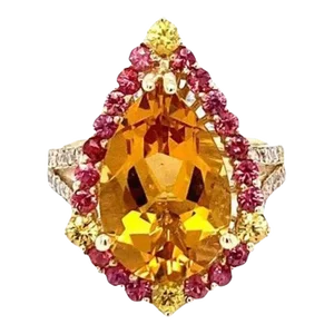 6.52 Carat Pear Cut Citrine Sapphire Diamond Yellow Gold Engagement Ring Size 7