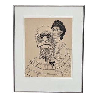 David Levine Original Sigmund Freud and His Mother Ink Drawing, 1984 For Sale
