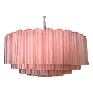 Large Pink Etched Murano Glass Tube Chandelier, 1990s For Sale