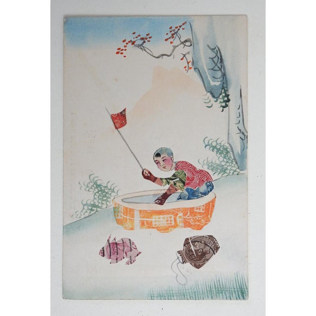 Vintage Chinese Collage With Stamps Postcard Boy and Rabbit For Sale - Image 4 of 4