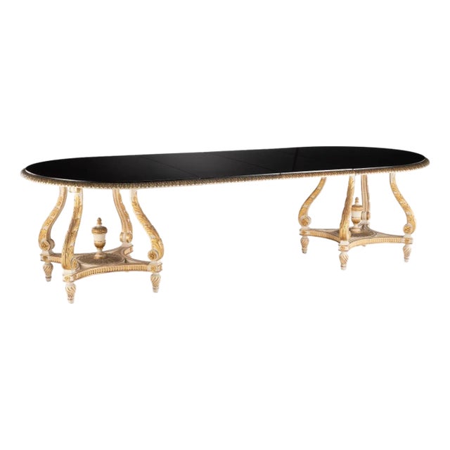 1940s French Louis XVI Creamy White Black Gilt Wood Double Pedestal Extension Dining Table by Maison Jansen Paris For Sale