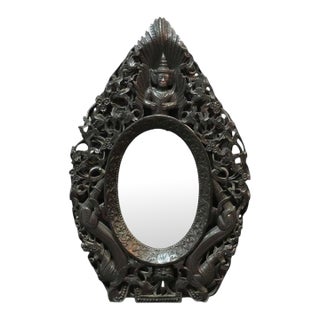 1920s Anglo-Indian Carved & Ebonized Reticulated Hardwood Mirror With Buddha & Dragons For Sale