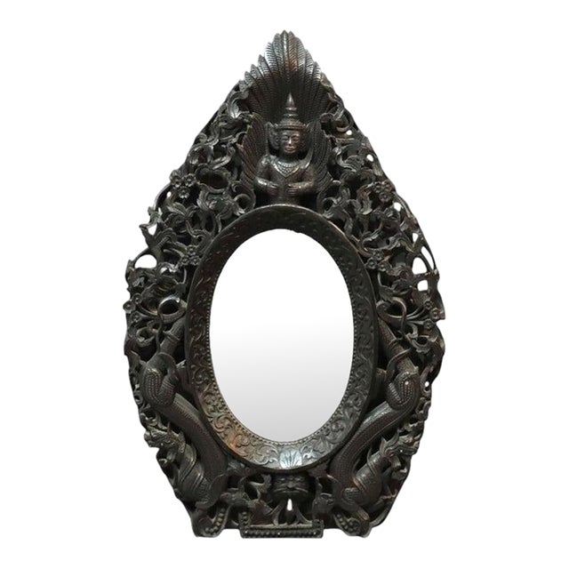 1920s Anglo-Indian Carved & Ebonized Reticulated Hardwood Mirror With Buddha & Dragons For Sale
