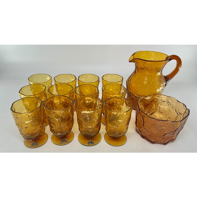 Set of 12 Vintage Mid Century Morgantown Amber Crinkled Glasses For Sale - Image 9 of 9