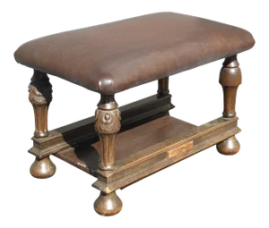 Antique Victorian Style Brown Leather & Carved Wood Bench Foot Stool Ottoman
