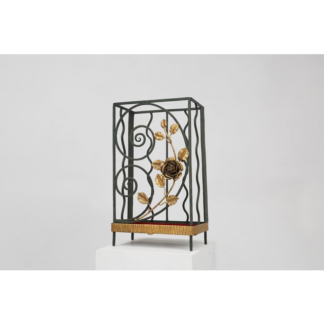 Art Deco Wrought Iron Umbrella Stand with Floral Decoration, France, 1930s For Sale - Image 3 of 13