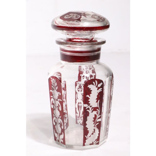 Nice Bohemian ruby to clear covered preserve jar, in very good, original, clean and ready to use condition, showing only...