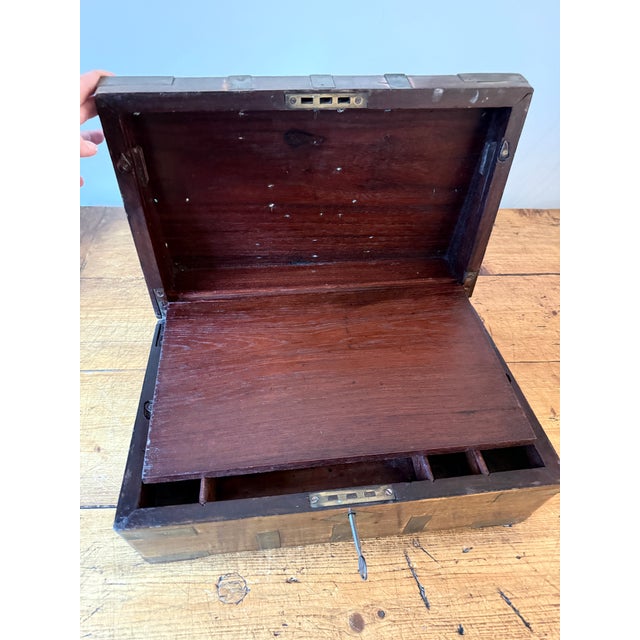 Wood Antique Campaign Mahogany Lap Writing Desk W/ Iron Stand For Sale - Image 7 of 15