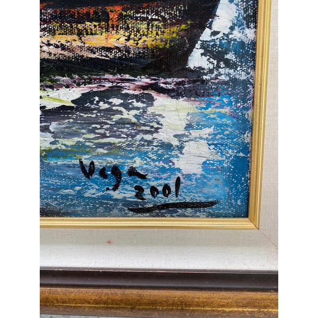 Seaside paintings of several boats in rough waters. Lots of texture and movement created by artist Vega in 2001. Signed...