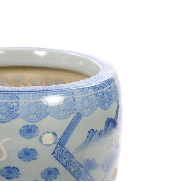 Ceramic Asian Blue and White Porcelain Planter or Fish Bowl, Late 20th Century For Sale - Image 7 of 8