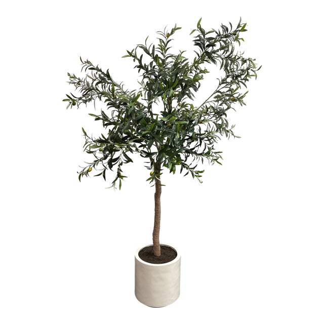 Faux Olive Tree + White Planter For Sale