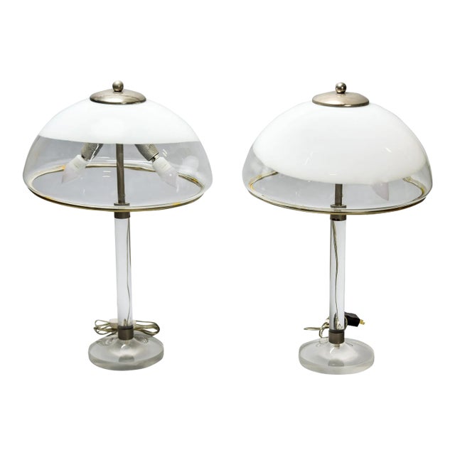 Pair Mid Century Italian Lamps With Lucite Base and All Glass Shades For Sale