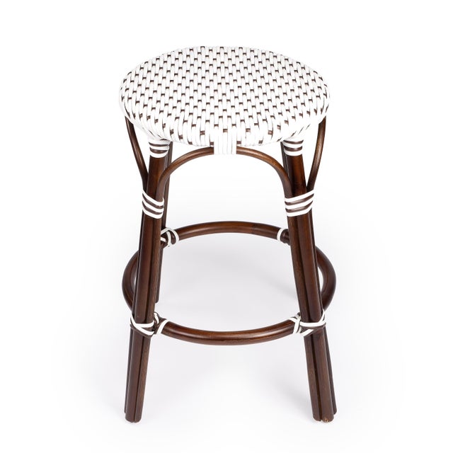 Spritely Home Accent Furniture Tobias 24 in. Seat Height Round Rattan Backless Counter Stool, White/Brown Dot / Dark Brown Rattan Frame For Sale - Image 4 of 9