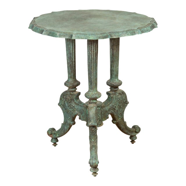Contemporary Verde Bronze Round Top Table with Fluted Legs and Scrolling Feet For Sale
