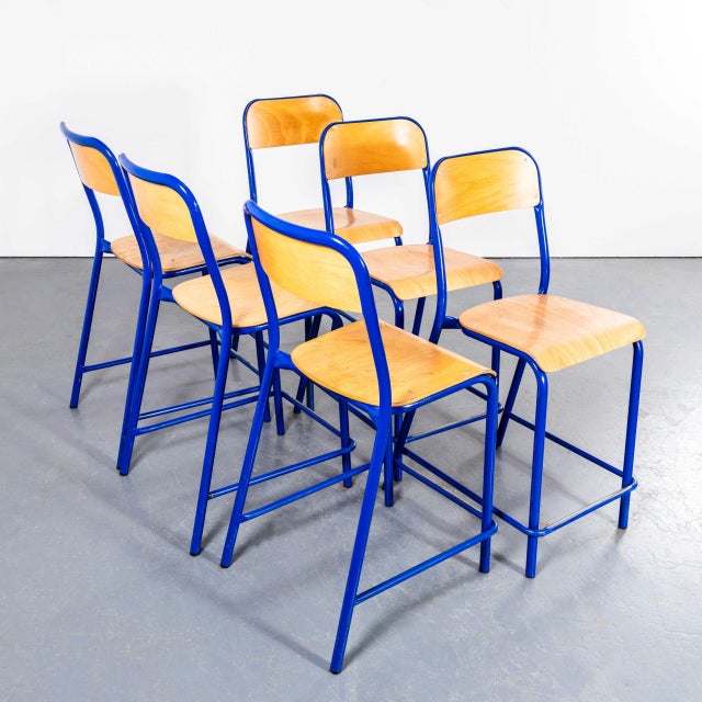 1970s French Blue Stacking D Back High Bar Chair from Mullca, 1970s, Set of 6 For Sale - Image 5 of 11
