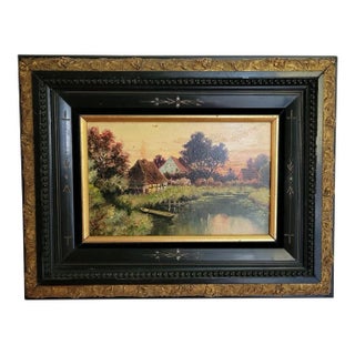 19th C Oil Painting of River With Aesthetic Period Frame For Sale