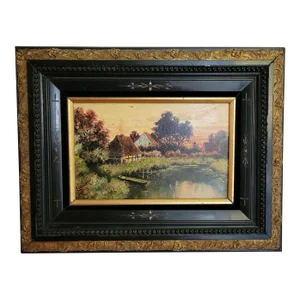 19th C Oil Painting of River With Aesthetic Period Frame