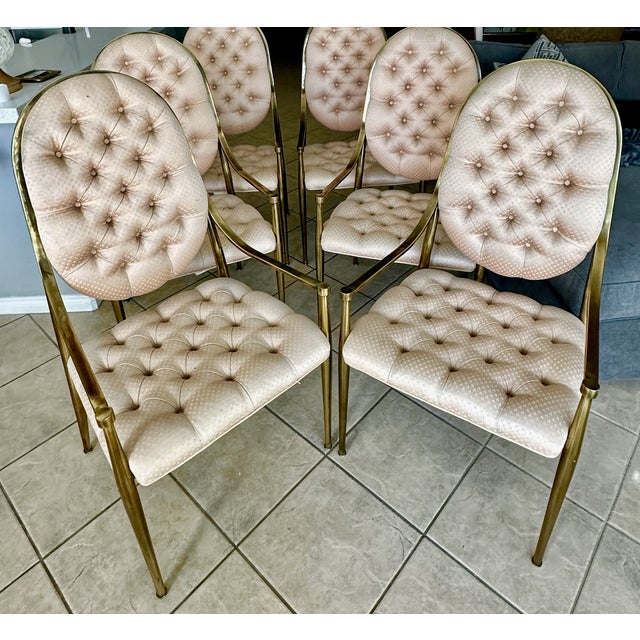 Set of six (6) brass dinning arm chairs for Mastercraft furniture of Grand Rapids. With original tufted salmon pink...