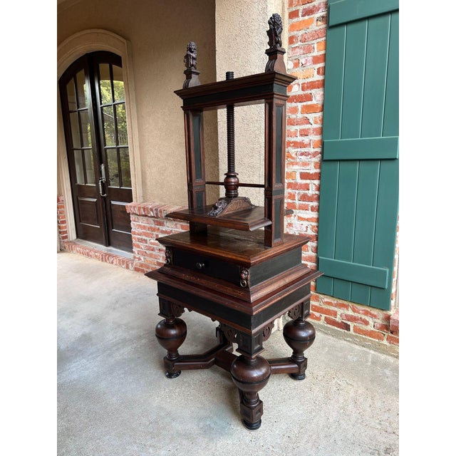 English Antique English Book Press Table Renaissance Carved Oak Ebonized Cabinet C1880 For Sale - Image 3 of 18