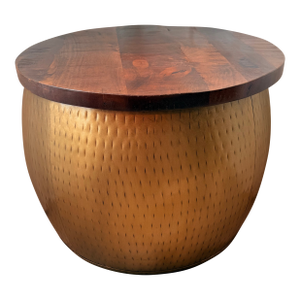 Vintage Brass Clad Drum Storage Coffee Table With Heavy Wood Top
