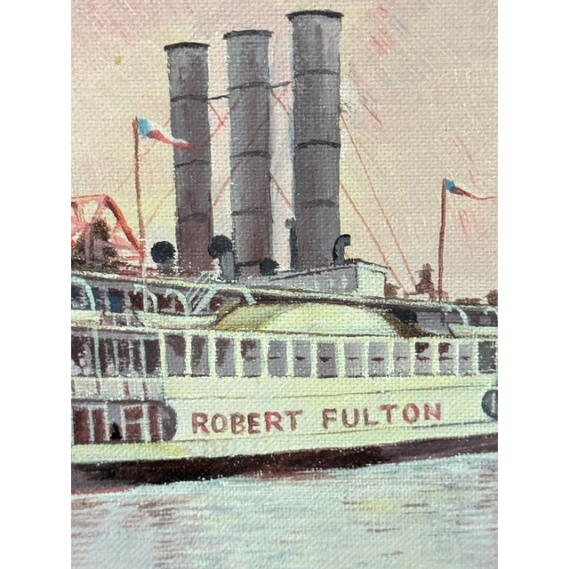 1970s 1970s Randles Robert Fulton Steamer Ship Nyc Hudson River Oil Painting For Sale - Image 5 of 10