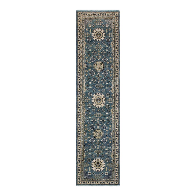 Shabby Chic Ziegler Blue/Ivory Wool Runner Rug- 2'5'' X 9'5'' For Sale