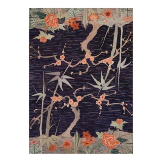 1930s Multicolor Botanical Floral Antique American Hooked Rug in Art Deco Style For Sale