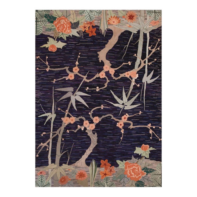 1930s Multicolor Botanical Floral Antique American Hooked Rug in Art Deco Style For Sale