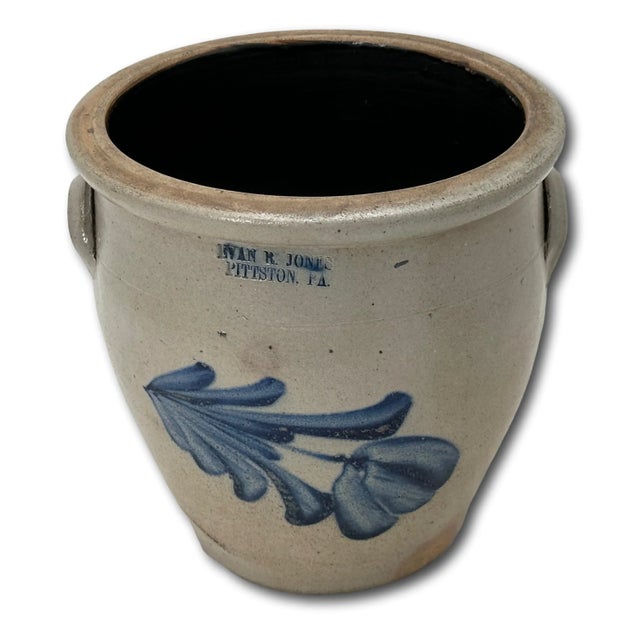 Ceramic Rare Small 1 Gallon Size Antique Evan Jones Pittston Pennsylvania Blue Decorated Stoneware Cream Jar With Handles For Sale - Image 7 of 12