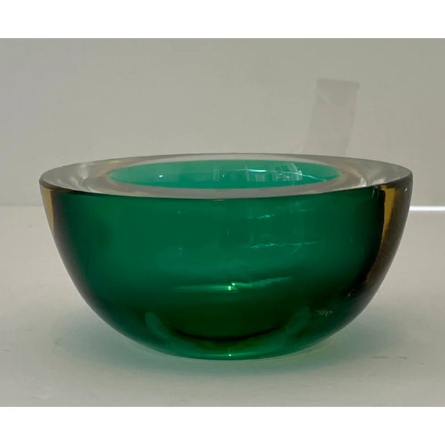 Small Vintage Green and Yellow Geode Bowl attributed to Murano. 2"H x 4"D