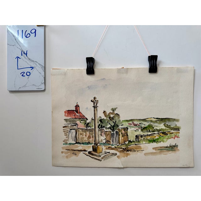 Henry Emil Salloch Original Watercolor on Paper Old Wayside Cross, 1972. For Sale - Image 9 of 9
